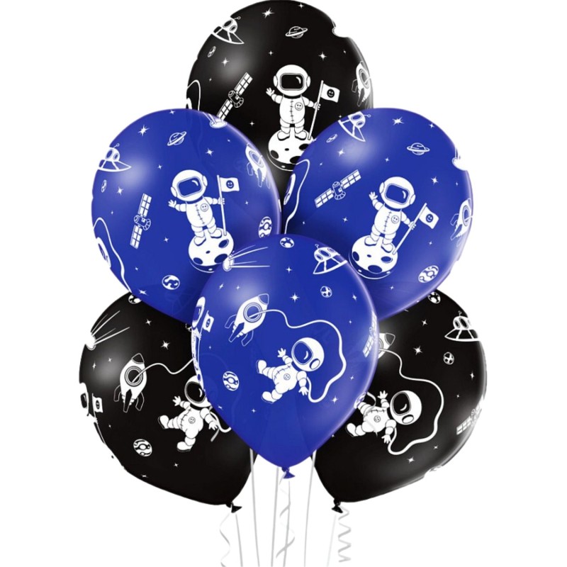 Lateksowe niebiesko-czarne balony z astronautom, 12" - 30 cm. 6 szt.