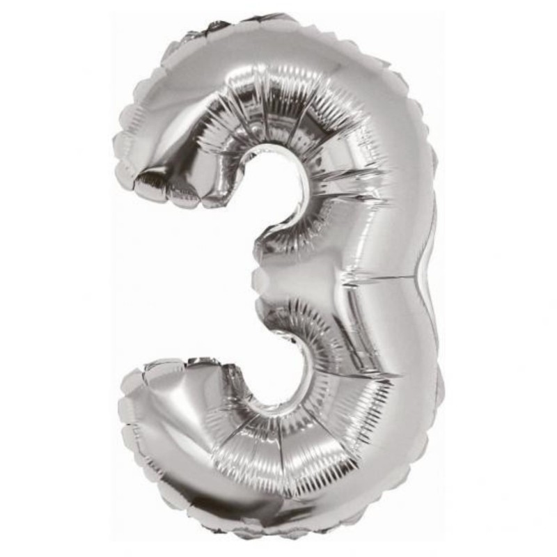 Foliowe srebrne balony "cyfra 3", 14" - 35 cm. 1 szt.