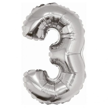 Foliowe srebrne balony "cyfra 3", 14" - 35 cm. 1 szt.