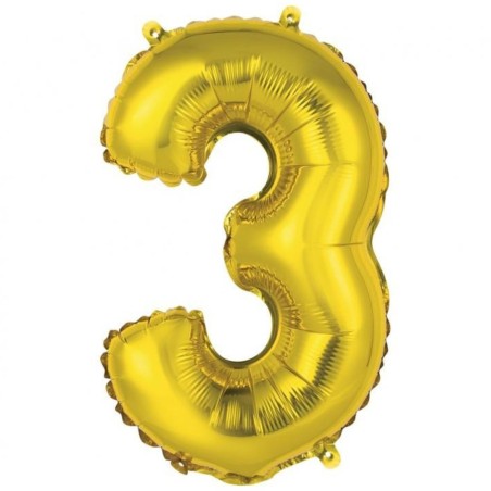 Foliowe złote balony "cyfra 3", 14" - 35 cm. 1 szt.