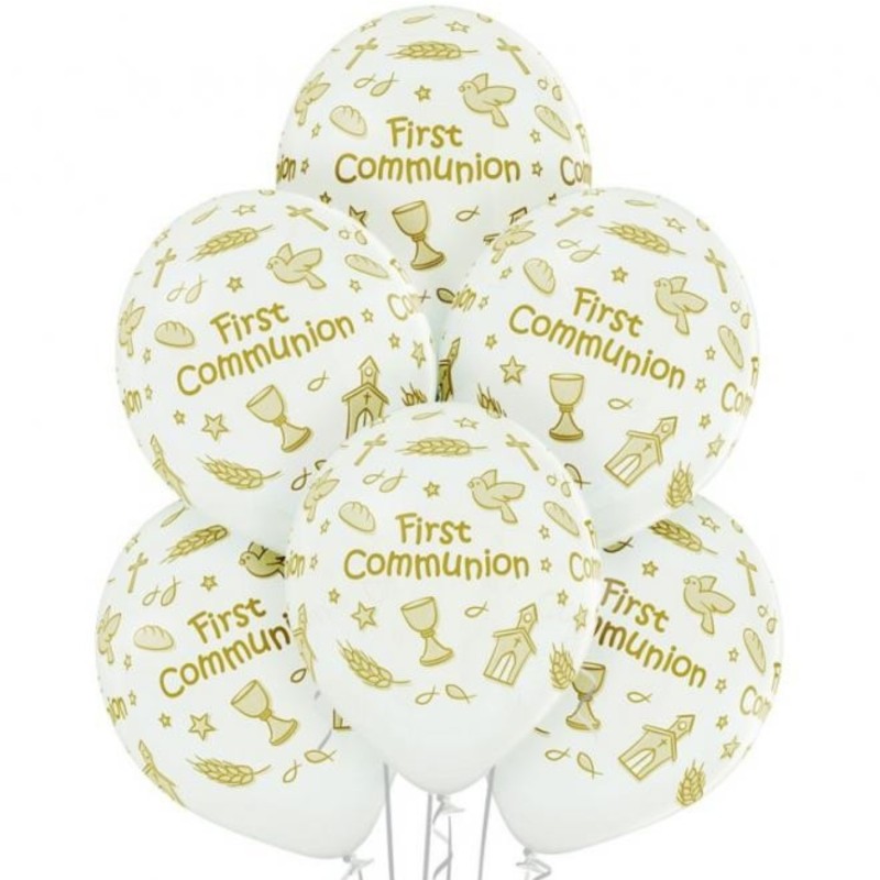 Lateksowe białe Balony D11 Pierwsza Komunia, 6 szt. 12" - 30 cm.