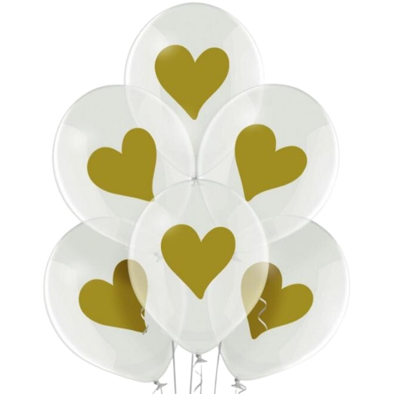 Lateksowe Balony D11 038 NADRUKIEM ZŁOTYCH SERC 12" - 30 cm. 6 szt.