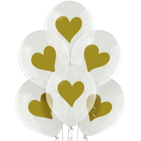 Lateksowe Balony D11 038 NADRUKIEM ZŁOTYCH SERC 12" - 30 cm. 6 szt.