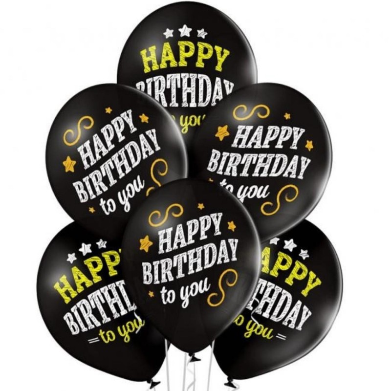 Lateksowe czarne Balony D11 Happy Birthday 12" - 30 cm. 6 szt.