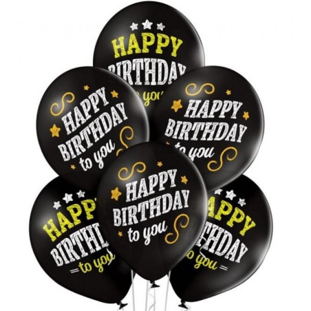 Lateksowe czarne Balony D11 Happy Birthday 12" - 30 cm. 6 szt.