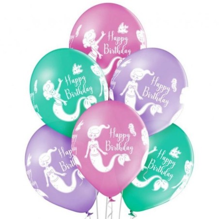 Lateksowe kolorowe Balony D11 Birthday Mermaid - Syrenka, 6 szt. 12"- 30 cm.