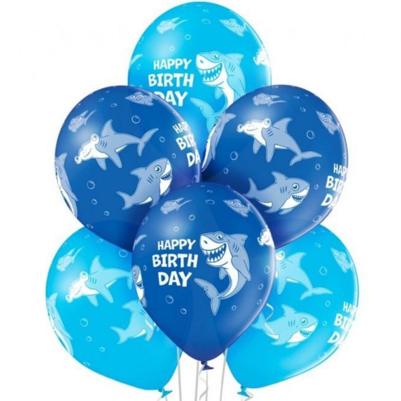 Lateksowe niebieskie Balony D11 Birthday Shark, 6 szt. 12"- 30 cm.