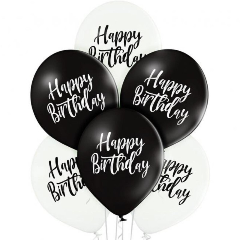 BLateksowe czarne i białe Balony D11 Happy Birthday 12"- 30 cm. 6 szt.