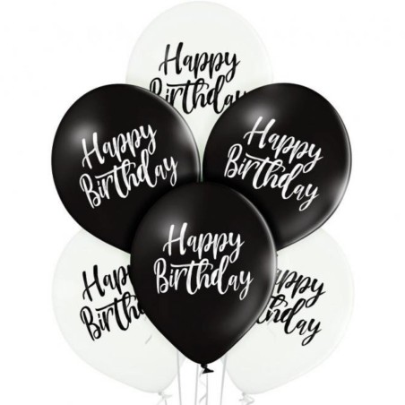 BLateksowe czarne i białe Balony D11 Happy Birthday 12"- 30 cm. 6 szt.