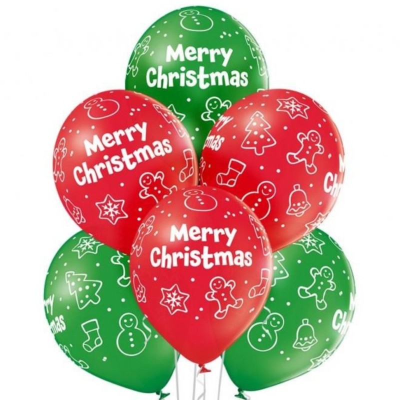 Lateksowe czerwone i zielone Balony D11 Merry Christmas 12"- 30 cm. 6 szt.