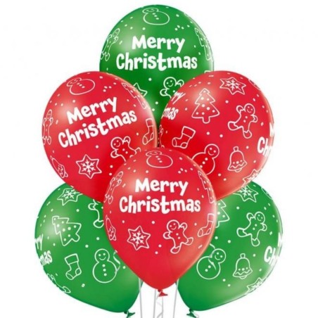 Lateksowe czerwone i zielone Balony D11 Merry Christmas 12"- 30 cm. 6 szt.