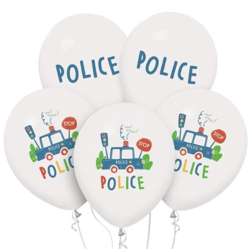 Lateksowe białe Balony - samochód Police, 12" - 30 cm./ 5 szt.