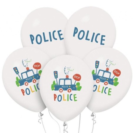 Lateksowe białe Balony - samochód Police, 12" - 30 cm./ 5 szt.