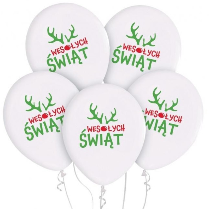 Lateksowe białe Balony Wesołych Świąt (z rogami), 12" - 30 cm./ 5 szt.