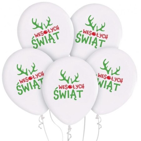 Lateksowe białe Balony Wesołych Świąt (z rogami), 12" - 30 cm./ 5 szt.