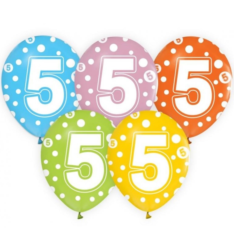 Lateksowe kolorowe Balony z cyframi: 5, 12" - 30 cm./ 5 szt.