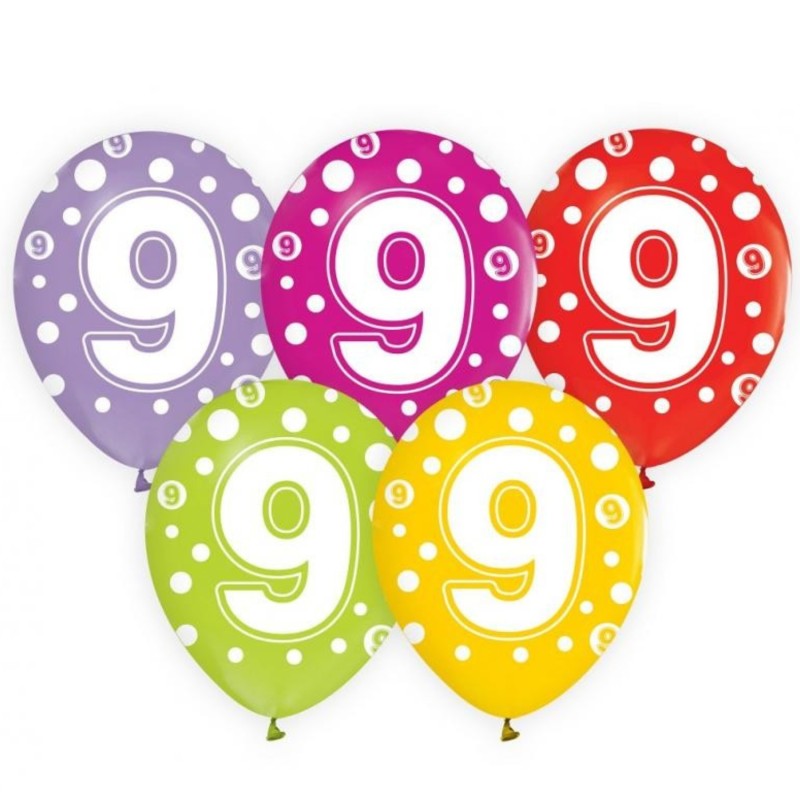 Lateksowe kolorowe Balony z cyframi: 9, 12" - 30 cm./ 5 szt.