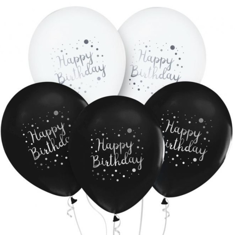 Lateksowe czarne i białe Balony Happy Birthday, 12" - 30 cm./ 5 szt.