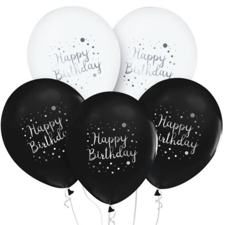 Lateksowe czarne i białe Balony Happy Birthday, 12" - 30 cm./ 5 szt.