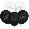 Lateksowe czarne i białe Balony Happy Birthday, 12" - 30 cm./ 5 szt.