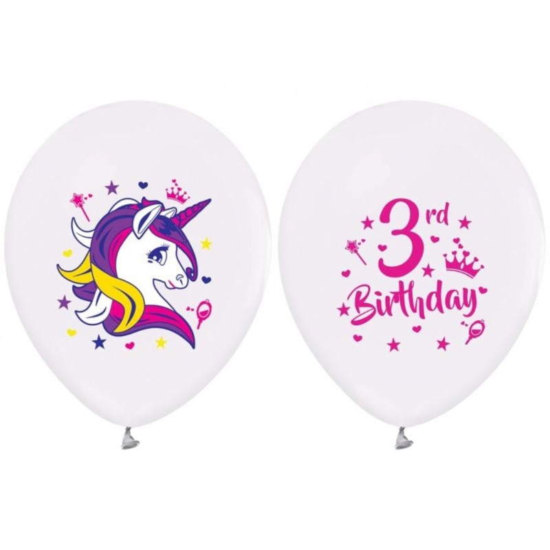 Lateksowe białe Balony 3 Urodziny (jednorożce), 12"- 30 cm./ 5 szt.