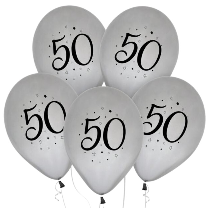 Lateksowe Balony 50 - urodziny, srebrne, 12" - 30 cm./ 5 szt.