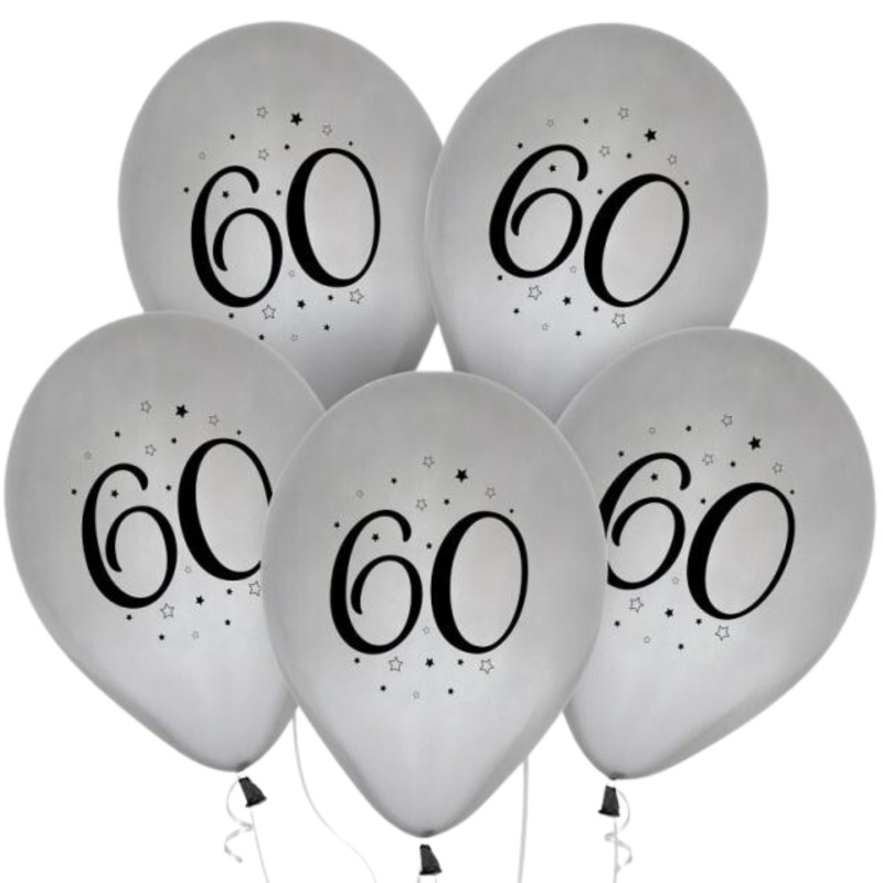 Lateksowe Balony 60 - urodziny, srebrne, 12" - 30 cm./ 5 szt.