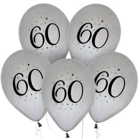 Lateksowe Balony 60 - urodziny, srebrne, 12" - 30 cm./ 5 szt.
