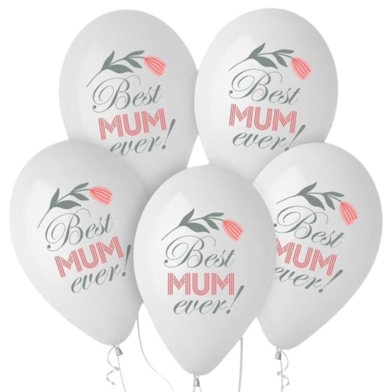 Lateksowe Balony Best Mum Ever, 12" - 30 cm./ 5 szt.