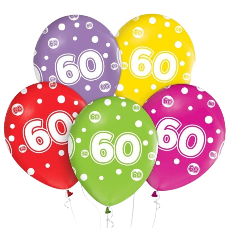 Lateksowe kolorowe Balony z cyframi: 60, 12" - 30 cm./ 5 szt.