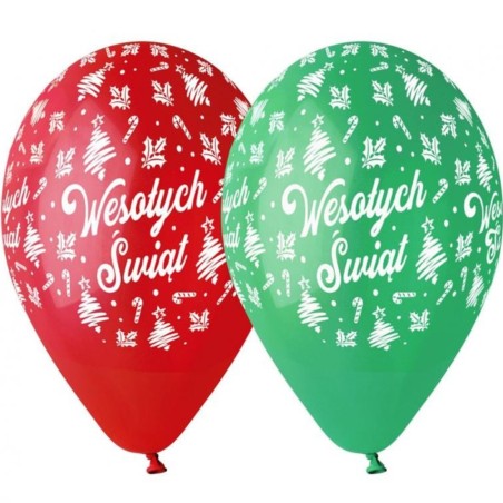 Lateksowe Balony Premium Hel Wesołych Świąt, czerwone i zielone, 13 cali/ 5 szt.