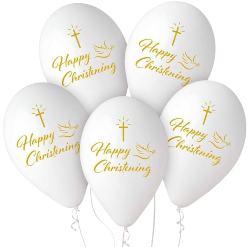 Lateksowe białe Balony Premium Hel Happy Christening, 13"/ 5 szt.