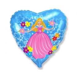 Balon foliowy niebieski w kształcie serca z nadrukiem księżniczki w kwiatach, 18"- 46 cm /1szt