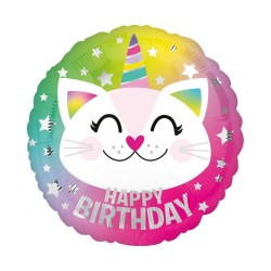 Foliowe Balony kolorowe z napisem "Happy Birthday"(Caticorn). 18"- 46 cm / 1 szt.