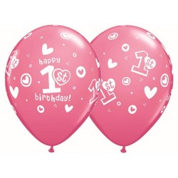 Lateksowe Balony różowy z napis. "1st Happy Birthday" 11" - 28 cm / 25 szt.