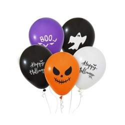 Lateksowe różnokolorowe Balony Happy Halloween - różne wzory, 12"/ 5 szt.