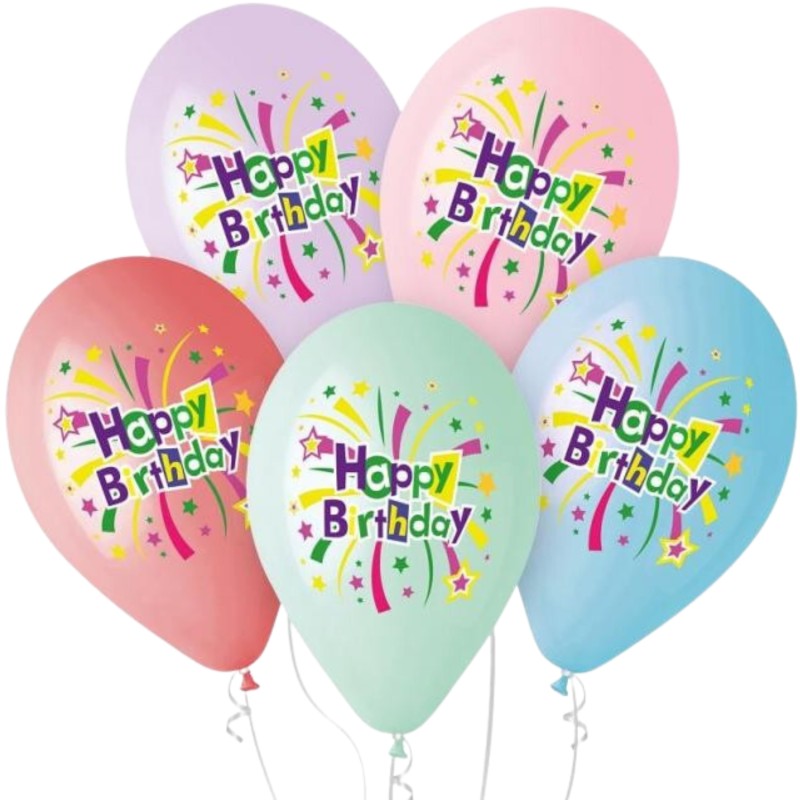 Lateksowe kolorowe Balony Premium Hel "Happy Birthday", 13"/ 5 szt.