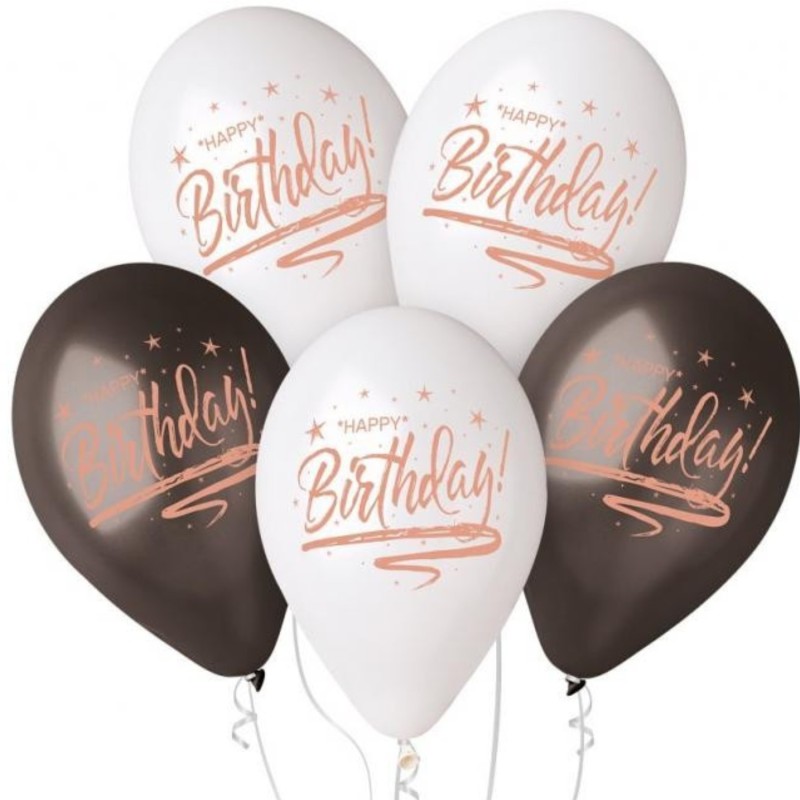 Lateksowe Balony Premium Hel "Happy Birthday", białe i czarne, 13"/ 5 szt.