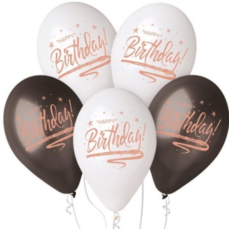 Lateksowe Balony Premium Hel "Happy Birthday", białe i czarne, 13"/ 5 szt.