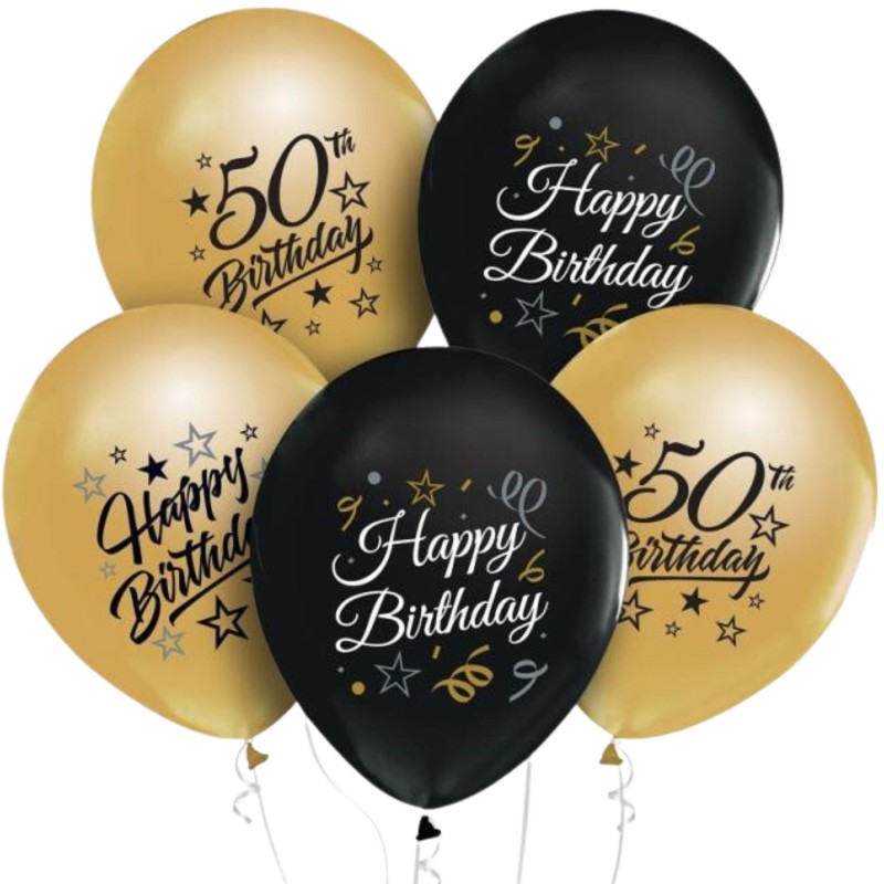 Lateksowe złote i czarne Balony Beauty&Charm 12" z nadrukiem "50", złote i czarne, 5 szt.