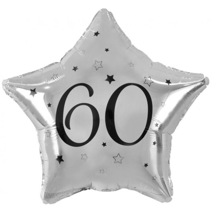 Balon foliowy srebrny w kształcie gwiazdy z nadrukiem "60", 19"- 48 cm /1szt