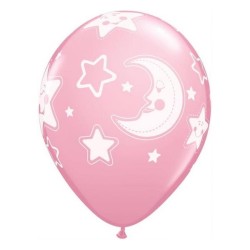 Lateksowe Balony różowy z nadru. Księżyc i gwiazdki 11" - 28 cm / 6 szt.
