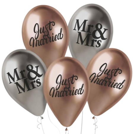 Lateksowe klasyczne Balony Shiny Premium Hel Just Married Mr&Mrs, 13"/ 5 szt.