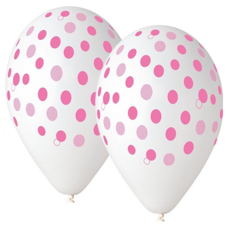 Lateksowe klasyczne białe Balony Premium Różowe Groszki, 12 cali/ 5 szt.