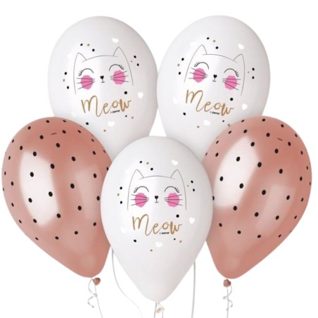 Lateksowe klasyczne białe i złote Balony Premium Hel Kotek, 13 cali/ 5 szt.