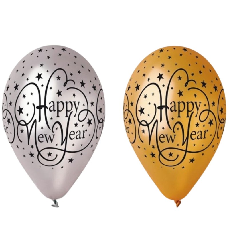 Balony Premium "Happy New Year", złote i srebrne, 12" / 6 szt.