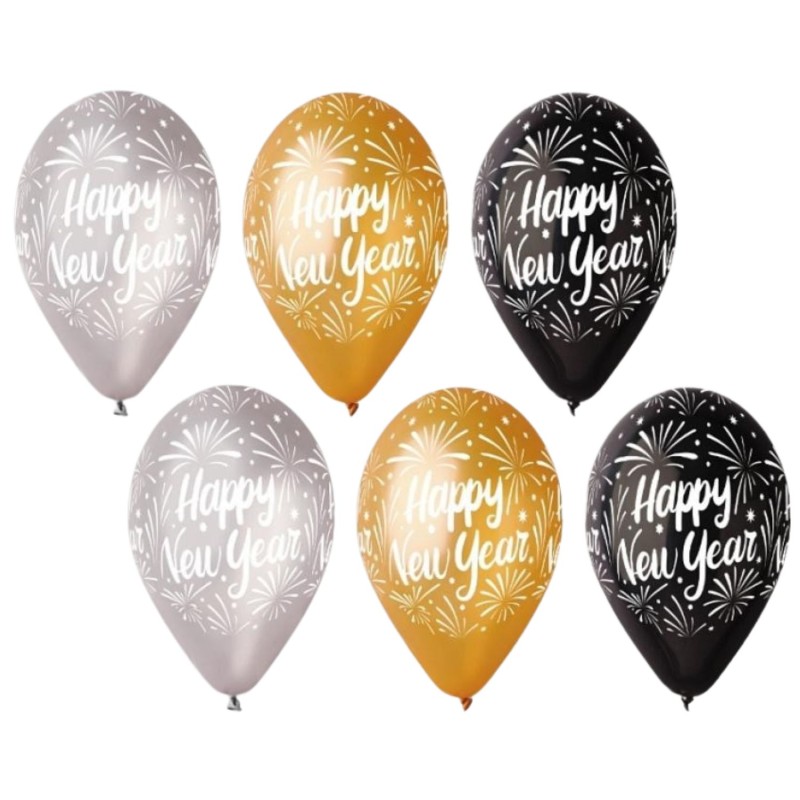 Lateksowe klasyczne Balony Premium "Happy New Year", złote, srebrne, czarne, 12" / 6 szt.