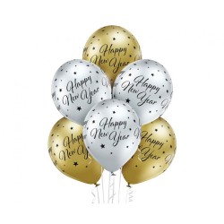 Lateksowe klasyczne srebrne i złote Balony D11 Glossy Happy New Year 1C5S, 6 szt.
