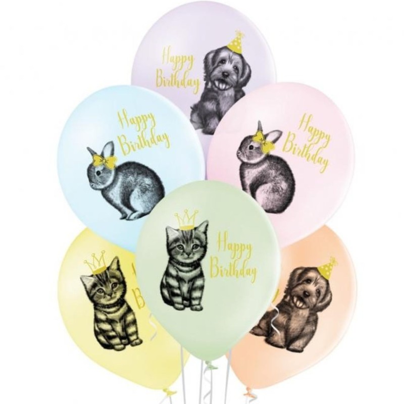 Lateksowe klasyczne wielokolorowe Balony D11 Birthday Zwierzątka urodzinowe, 6 szt.