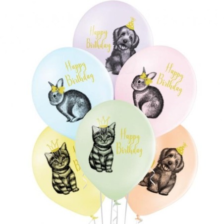 Lateksowe klasyczne wielokolorowe Balony D11 Birthday Zwierzątka urodzinowe, 6 szt.
